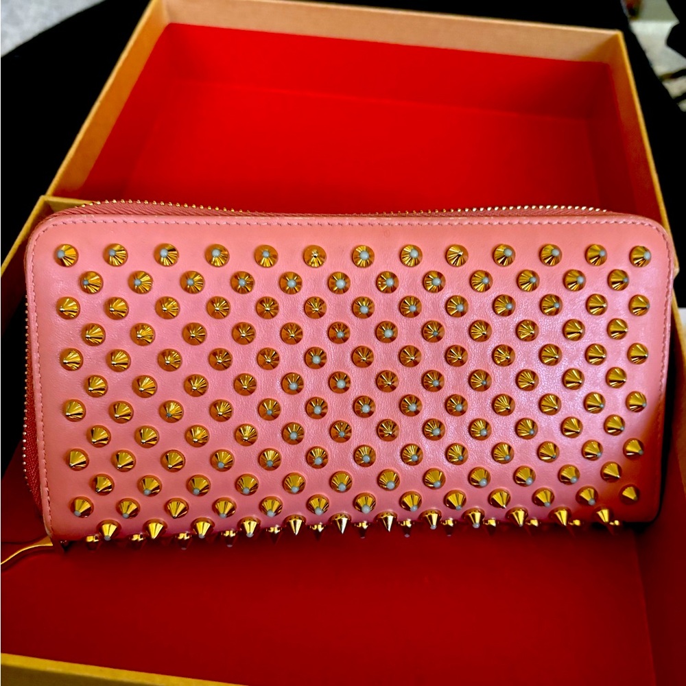 Christian Louboutin Panettone Spike Leather Pink Zip Around Long Wallet